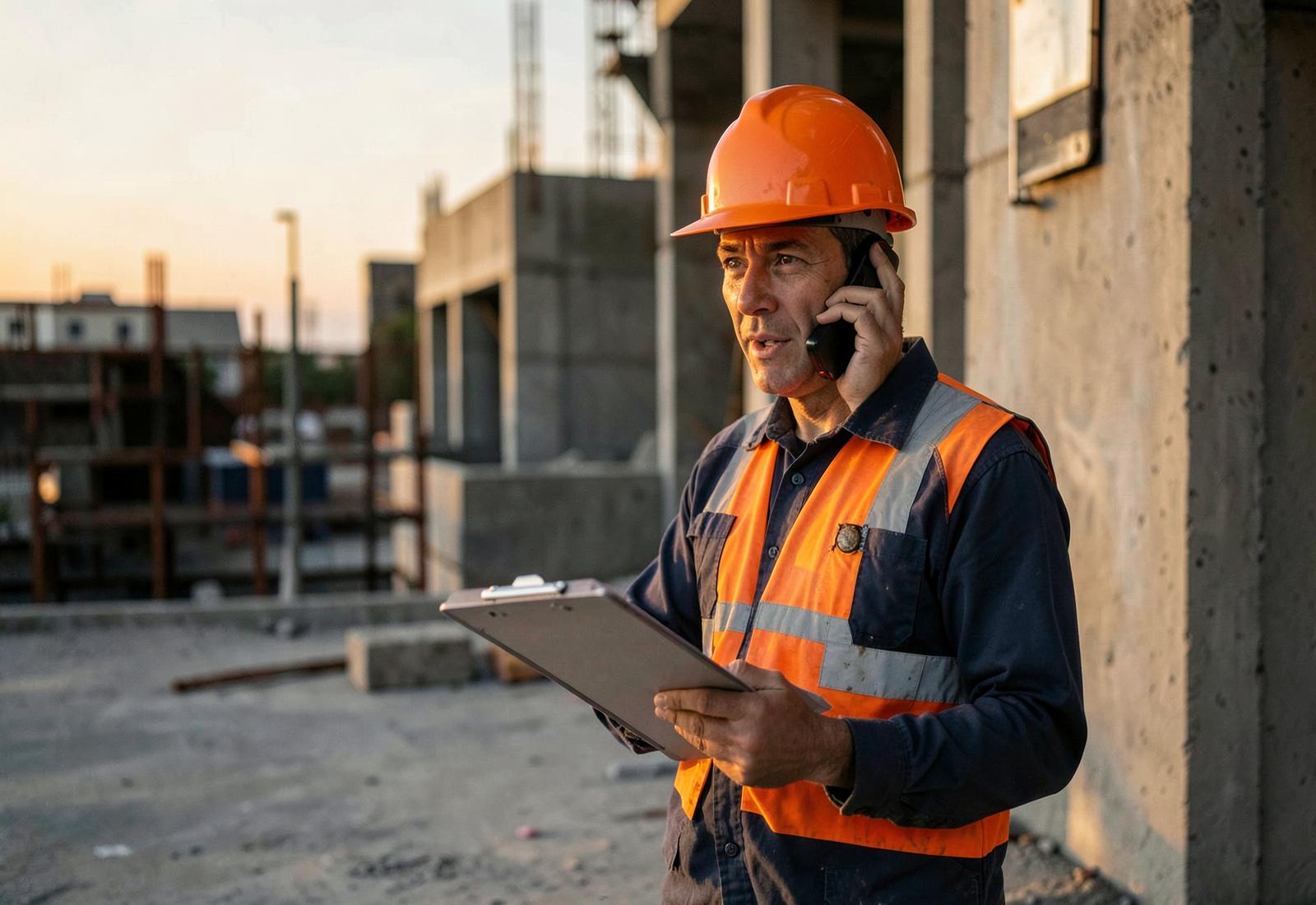 Site supervisor in an orange helmet taking a call on a construction site
