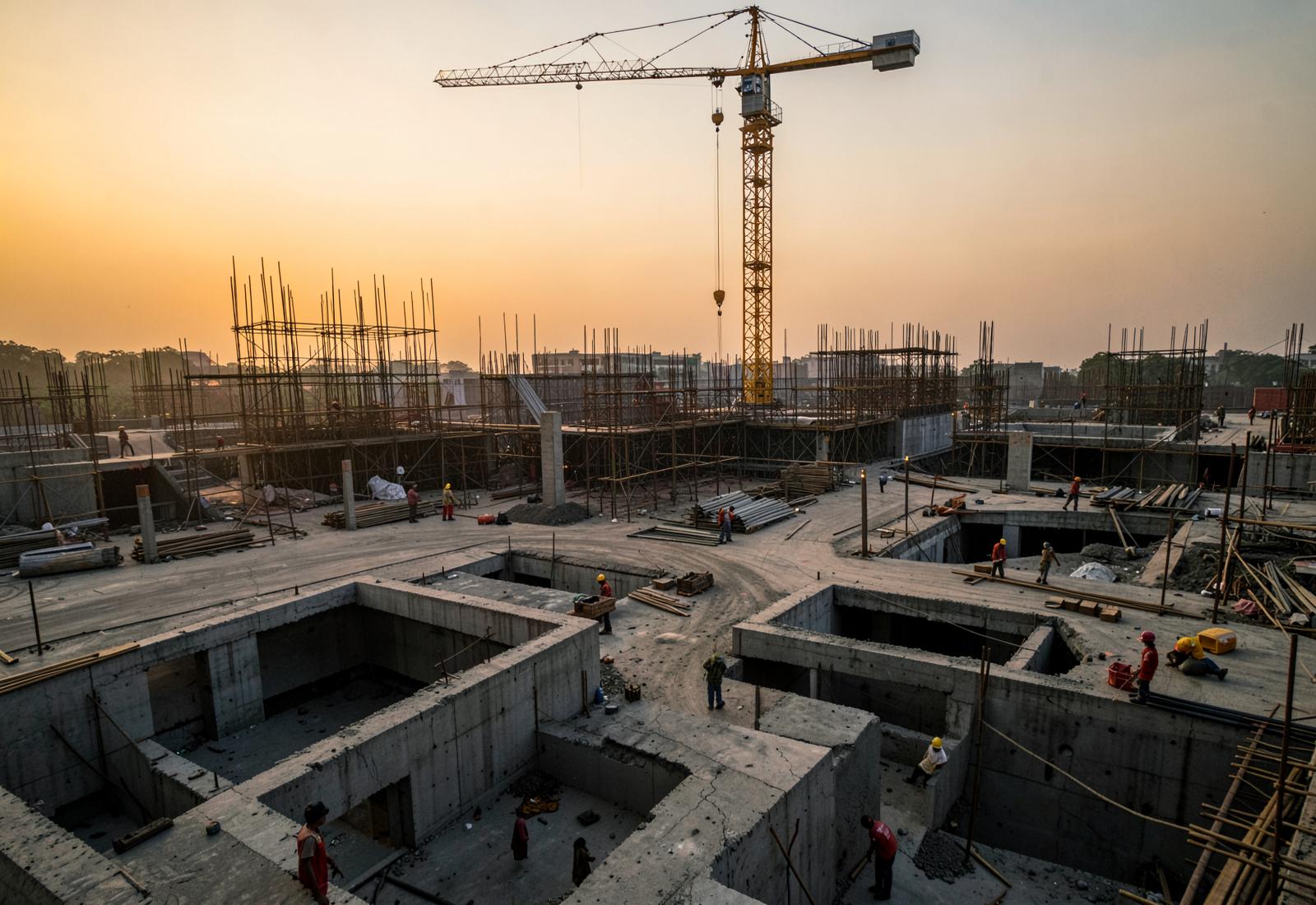 Large concrete construction site in Gurugram at golden hour