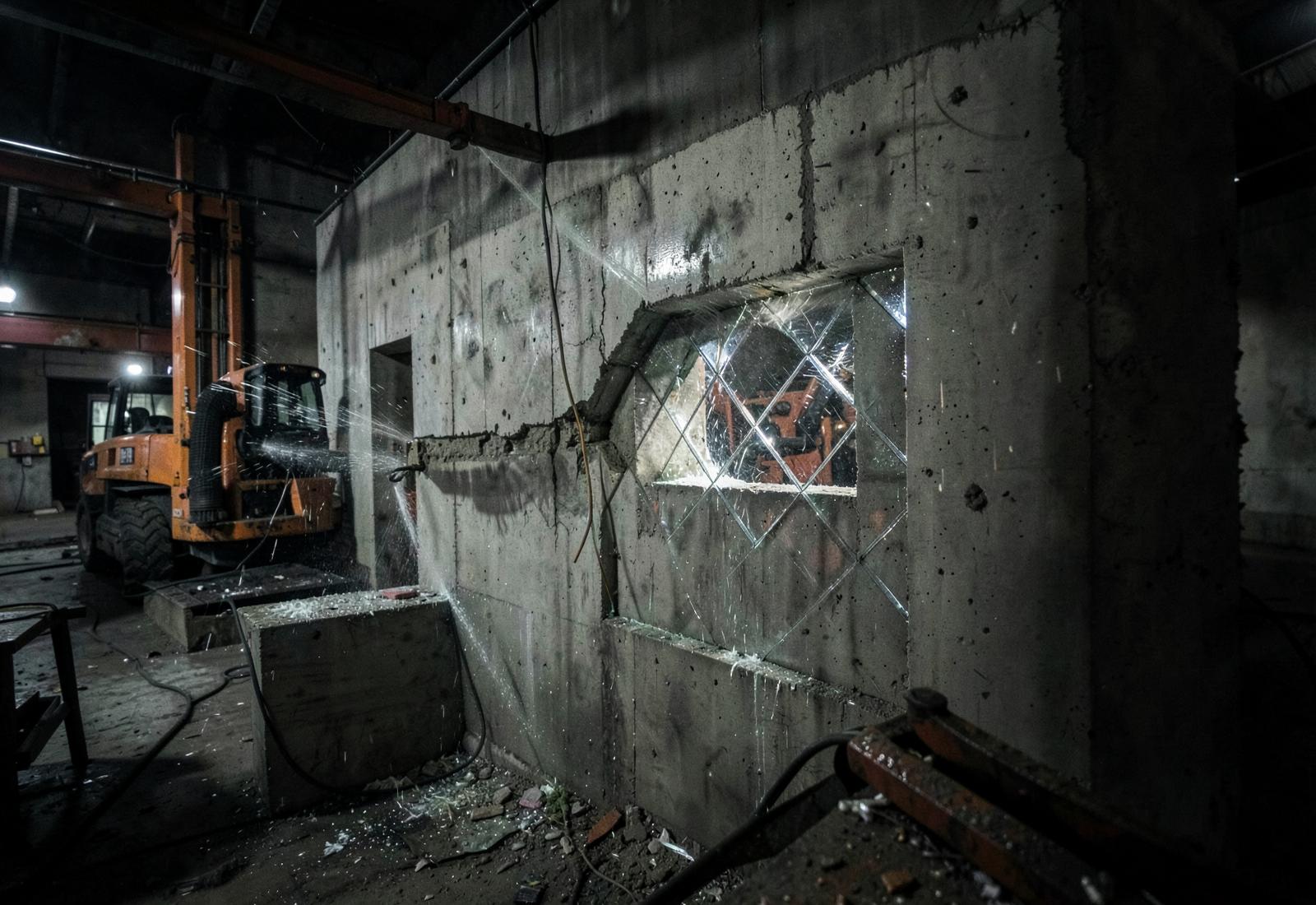 Diamond wall saw cutting a rectangular opening in a reinforced concrete wall